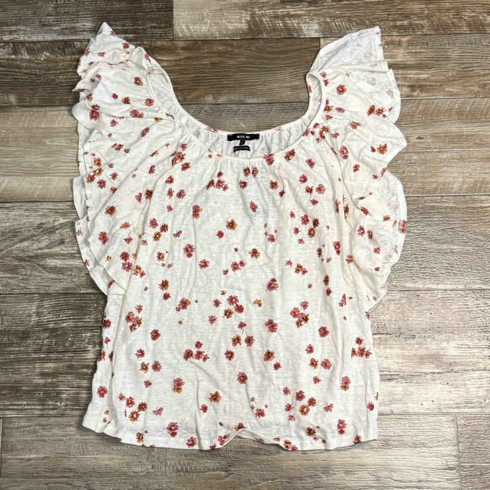 Miss Me Floral Ruffle Sleeve Top - White Size Large NWT